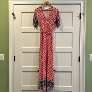 Women's Red/Pink/Blue Patterned Wrap Maxi Dress
